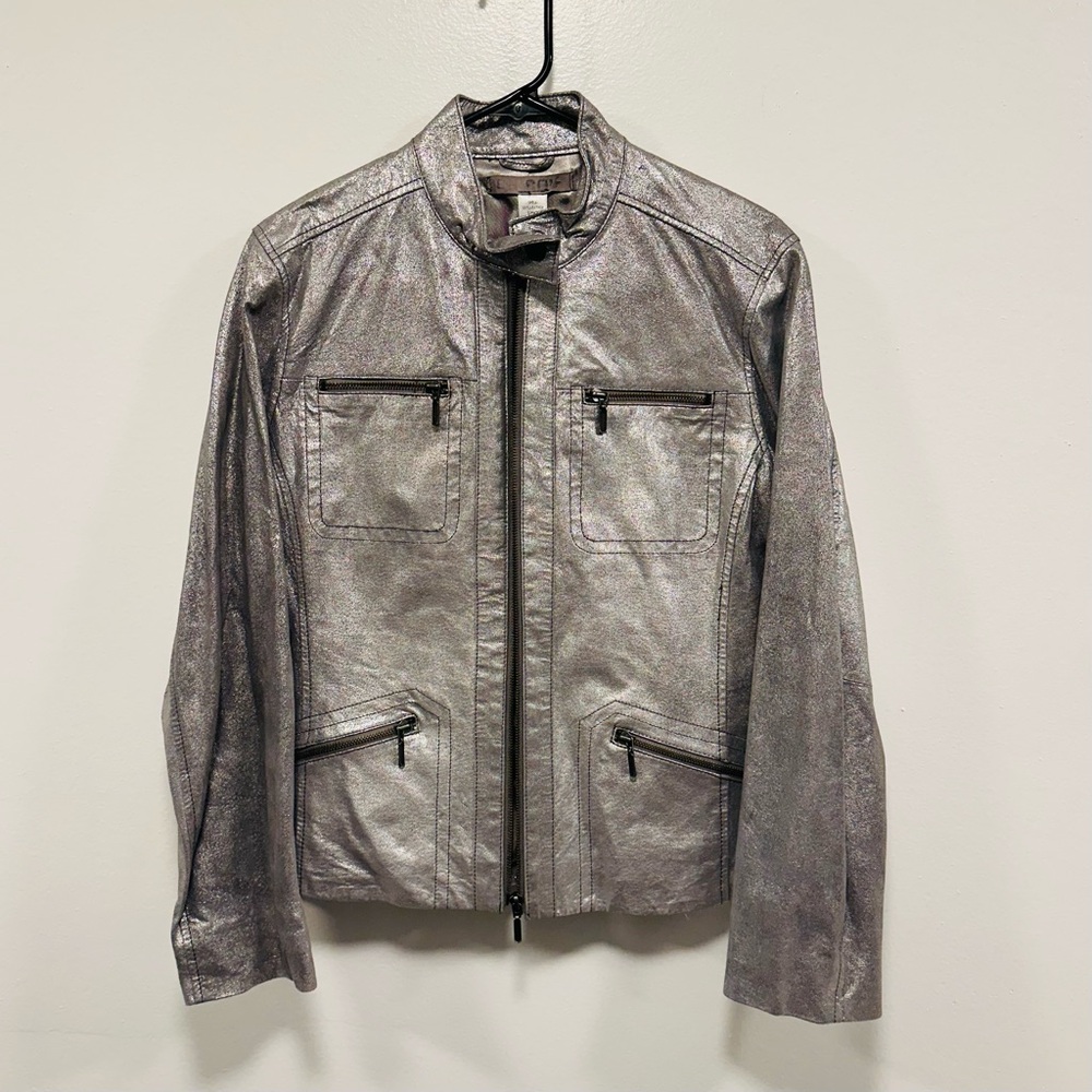 Chico’s metallic leather Silver zip up coat Jacket! Size 1 medium!